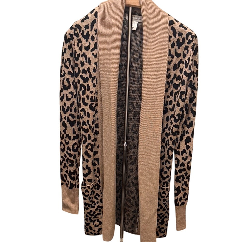 Ruby Moon Womens Leopard Print Open Front Cotton Cardigan‎ Sweater Tan Black XS
